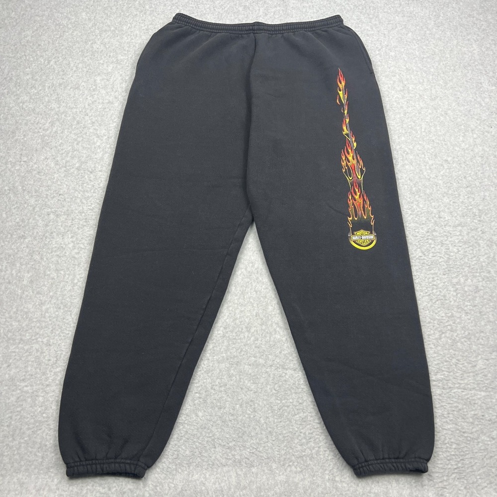 VTG Harley Davidson Sweatpants Flames Graphic Men's XL Black Fleece Pants Y2K